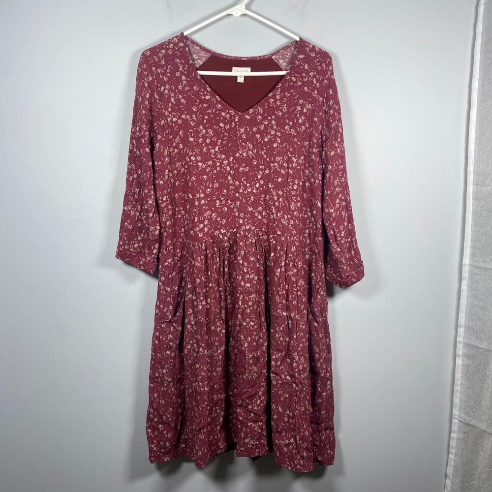 Garnet Hill Dress Womens 10 Burgundy Floral V-Neck Boho Festival Peasant Fall